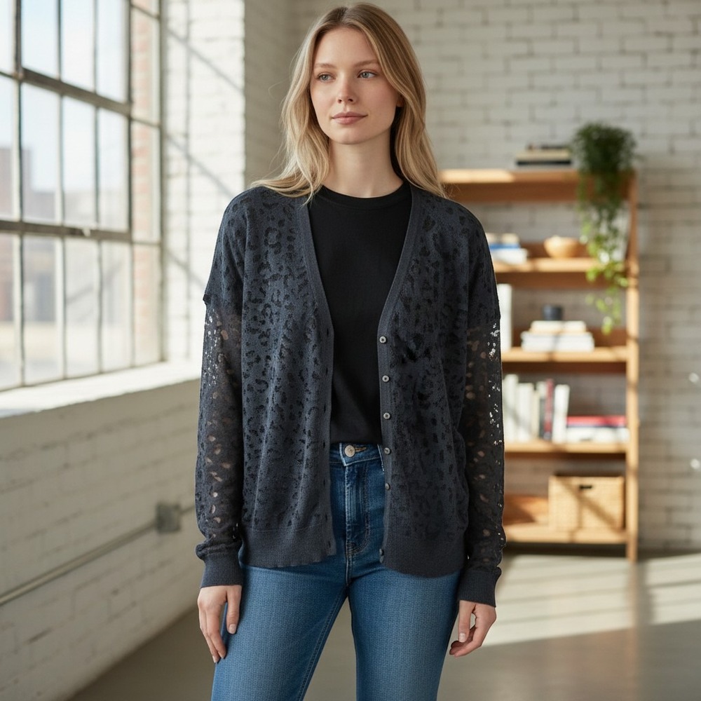 Anne Fontaine Leopard Print Cardigan Women Black Sheer V-Neck Knit